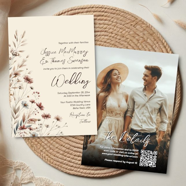 Convite Boho Wildflowers & Photo Modern QR Code Wedding (Front/Back)