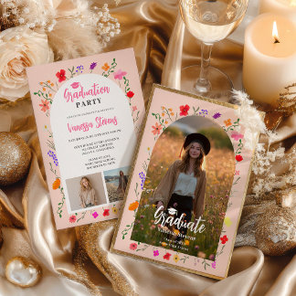 Convite Boho wildflowers Pink Garden photos graduation