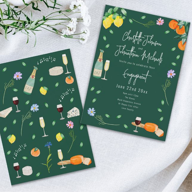 Convite Boho Wine e Festa de noivado de queijo (Boho chic wine and cheese watercolor floral Wedding engagement party dark green invitation )