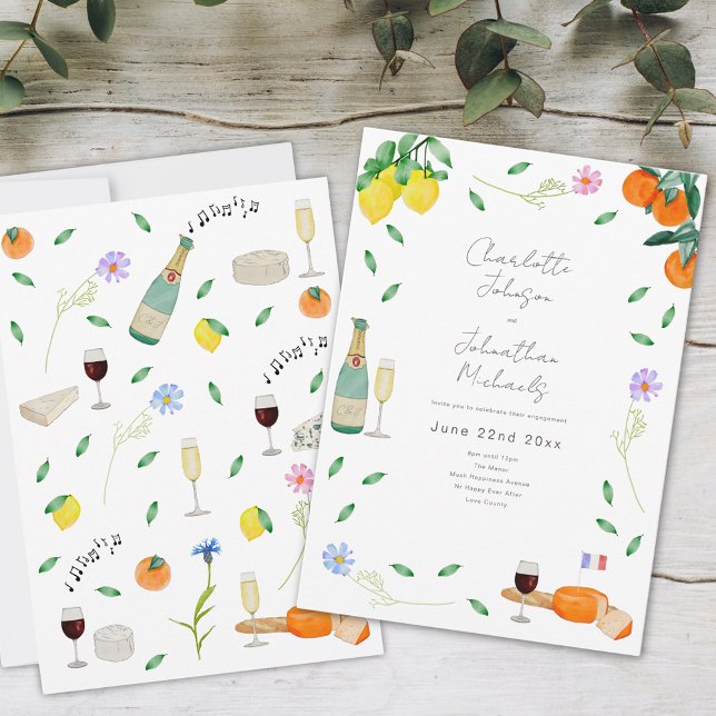 Convite Boho Wine e Festa de noivado de queijo (Boho floral wine and cheese citrus engagement party invitation whimsical watercolor illustration )