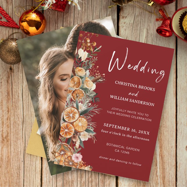 Convite Boho Winter Holiday Wedding Burgundy Foto (Criador carregado)