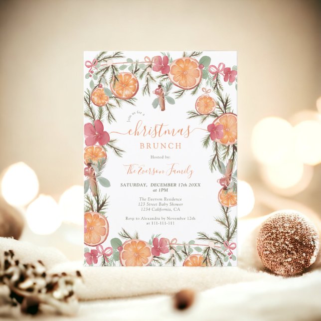 Convite Boho Winter Seco Citrus Floral christmas brunch (Boho Winter Dried Citrus Floral christmas brunch Invitation)