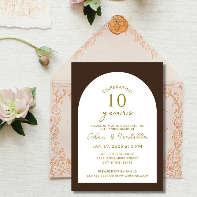 Convite Boho wood e Dourada 10ª Festa de Aniversário de Ca (Modern wood brown and gold minimal elegant 50 years vow renewal wedding anniversary party invitation)