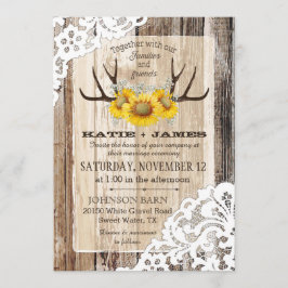 Convite Boho Wood Sunflower Antlers Lace Rustic Wedes