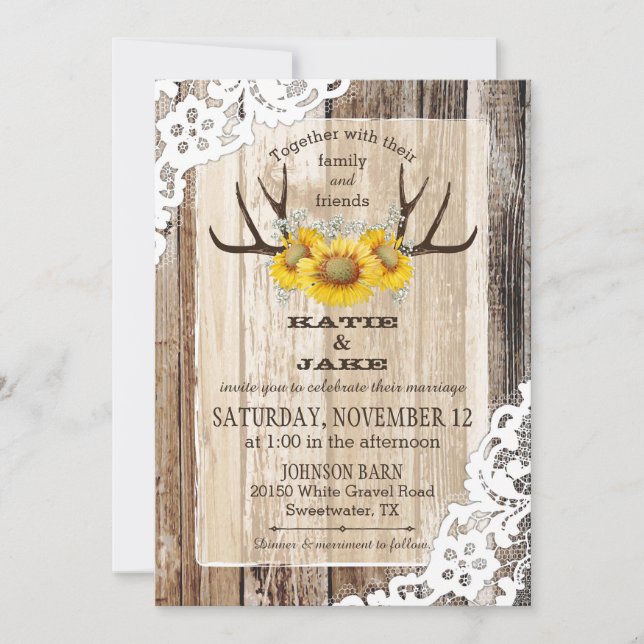 Convite Boho Wood Sunflower Antlers Rustic Wedding (Frente)