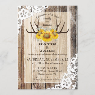 Convite Boho Wood Sunflower Antlers Rustic Wedding