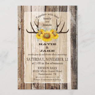 Convite Boho Wood Sunflower Antlers Rustic Wedding