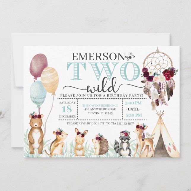 Convite Boho Woodland, 2.º Aniversário Selvagem (Frente)