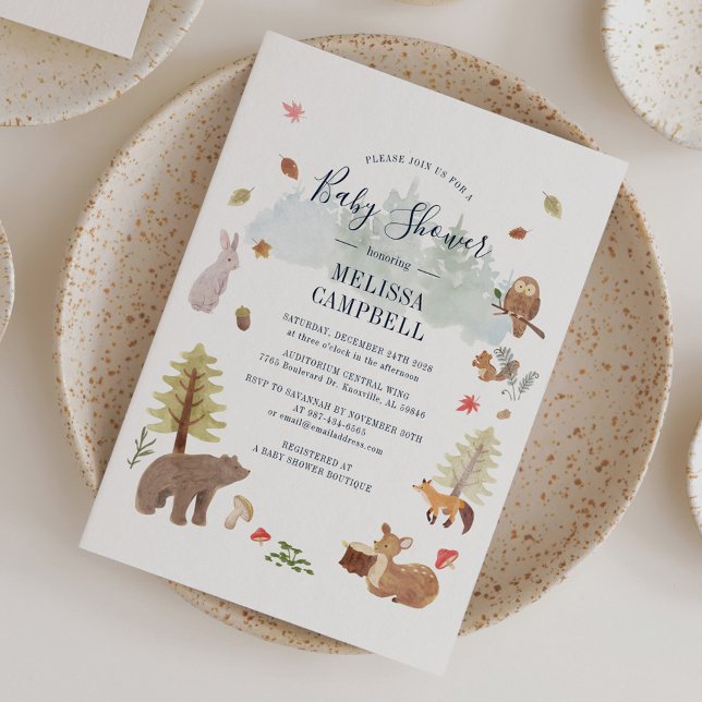 Convite Boho Woodland Animal Cai Chá de fraldas (Boho Woodland Animals Rustic Fall Baby Shower Invitation featuring a bear deer fox owl rabbit)