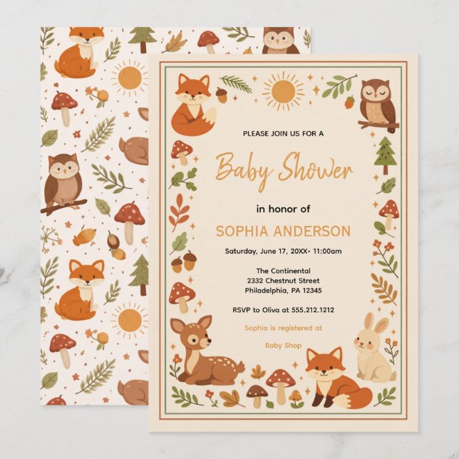 Convite Boho Woodland Baby Shower | Rustic Forest Animals (Frente/Verso)