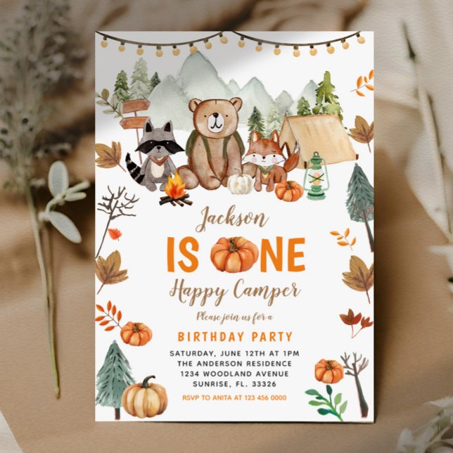 Convite Boho Woodland Bonfire Pumpkin Primeiro Aniversário (Criador carregado)