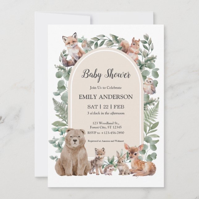Convite Boho Woodland Forest Animals Baby Shower Invitatio (Frente)