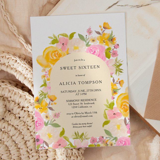 Convite Boho Yellow Croal Arch Chic Sweet 16 (Boho Yellow pink floral arch chic Sweet 16 Invitation)