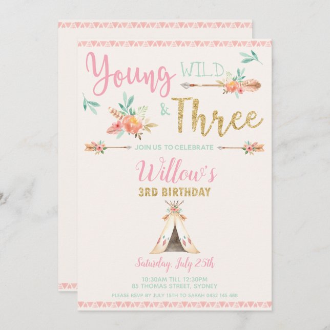 Convite Boho Young Wild e aniversário de 3 anos (Frente/Verso)