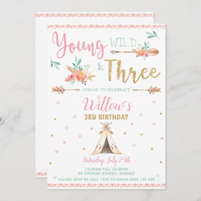 Convite Boho Young Wild e Três aniversário de 3 anos (Frente/Verso)