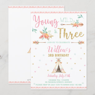 Convite Boho Young Wild e Três aniversário de 3 anos