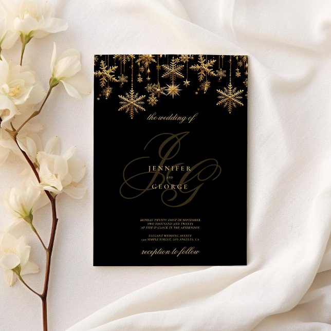 Convite Boias de monograma de ouro preto Flocos de neve Ca (Black gold monogram initials snowflakes Wedding )