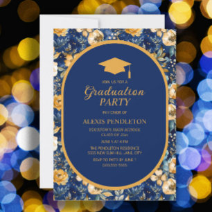 Convite Boina de Formatura Azul Marinho com Floral Dourado