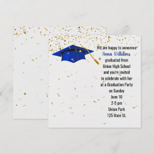 Convite Boina de graduação azul com confete dourado