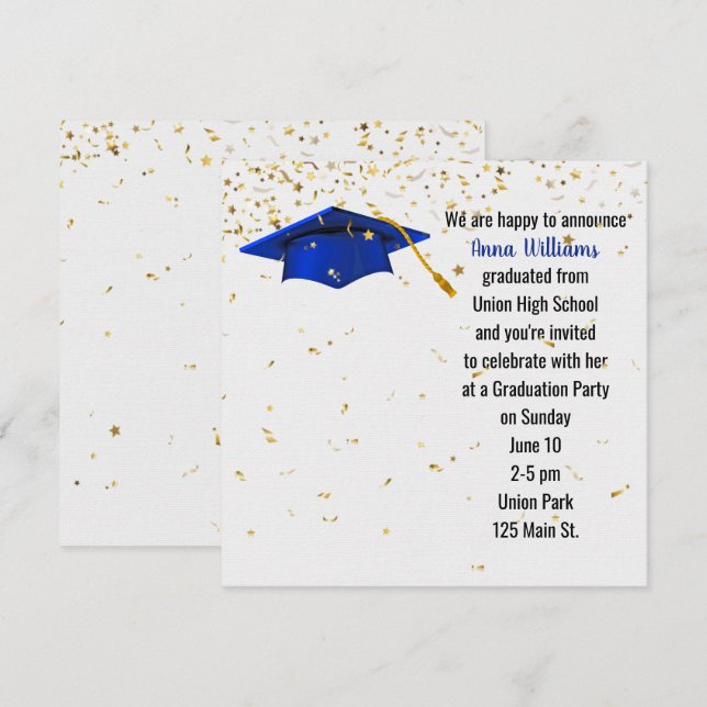Convite Boina de graduação azul com confete dourado (Frente/Verso)