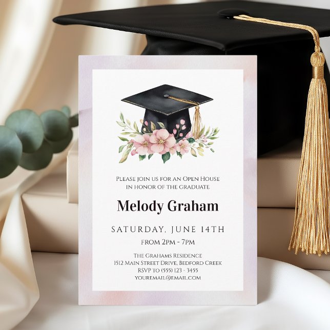 Convite Boina de Graduada em Pastel Suave Com Flores Gradu (Criador carregado)