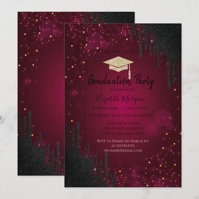 Convite Boina de Gradução com Brilho, Confetes com Gotejam (Frente/Verso)