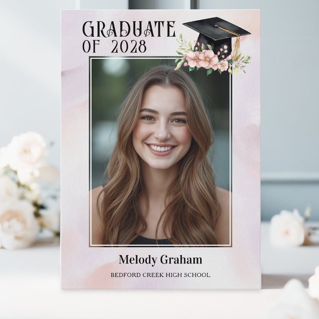 Convite Boina de Gradução de Pastel Suave com Flores Gradu (Criador carregado)