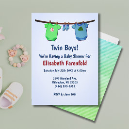 Convite Boinas gêmeas Fechar linha Chá de fraldas azul e v