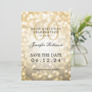 Convite Bokeh 60th Birthday Dourado Guarde a Data com Deta