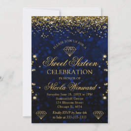 Convite Bokeh Azul Escuro & Brilho Dourado Sweet 16