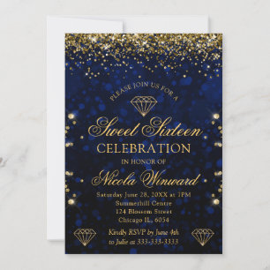 Convite Bokeh Azul Escuro & Brilho Dourado Sweet 16