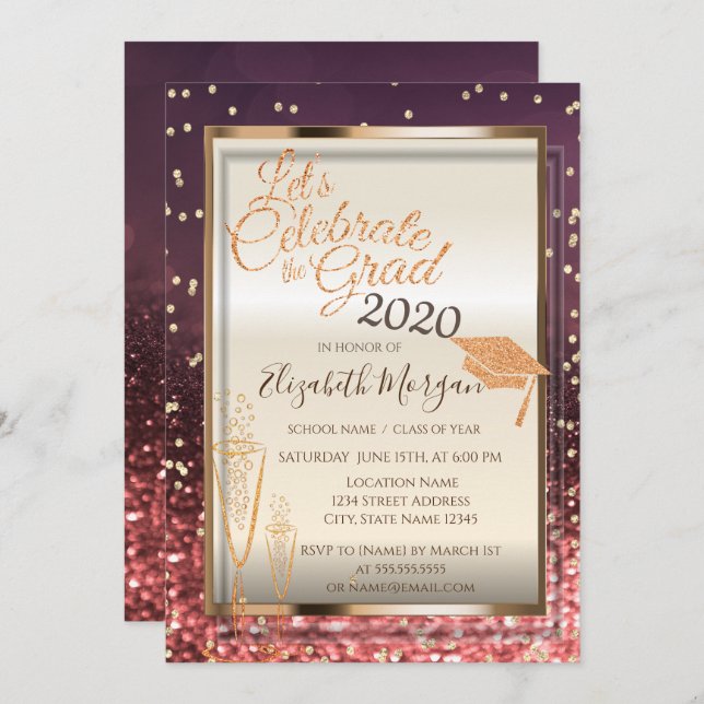 Convite Bokeh,Boné de formatura brilhante,Graduação de vid (Frente/Verso)