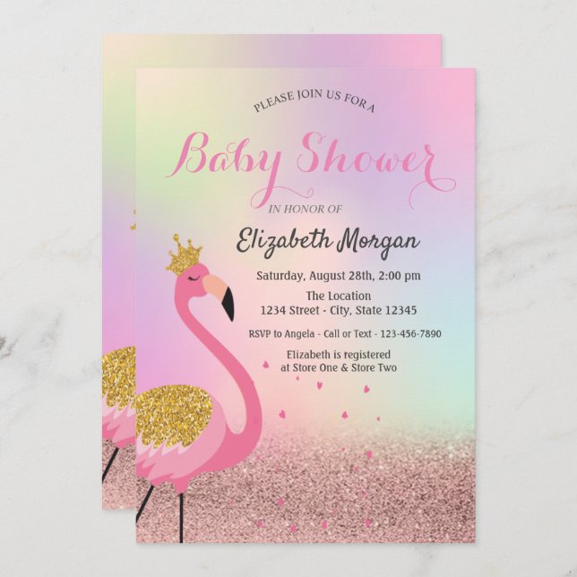 Convite Bokeh,Chá de fraldas Holográfico Rosa Flamingo (Frente/Verso)