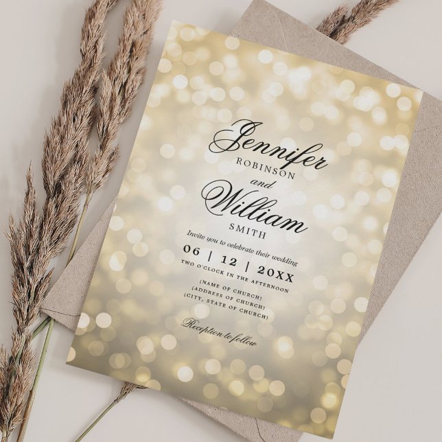 Convite Bokeh De Casamento Elegante Luz Romântica Script D (Elegant Wedding Bokeh Lights Romantic Script Gold Invitation)