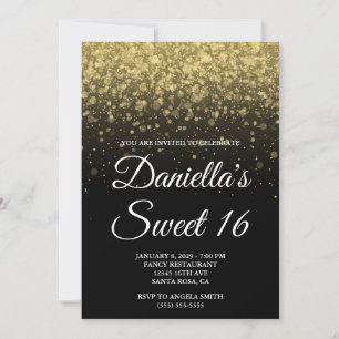 Convite Bokeh de Confetes Preto e Dourado Sweet 16
