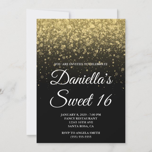Convite Bokeh de Confetes Preto e Dourado Sweet 16 (Frente)