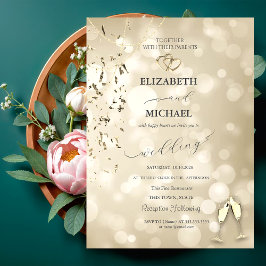 Convite Bokeh Elegante, Taças de Vinho Confetes Casamento