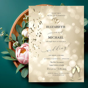 Convite Bokeh Elegante, Taças de Vinho Confetes Casamento