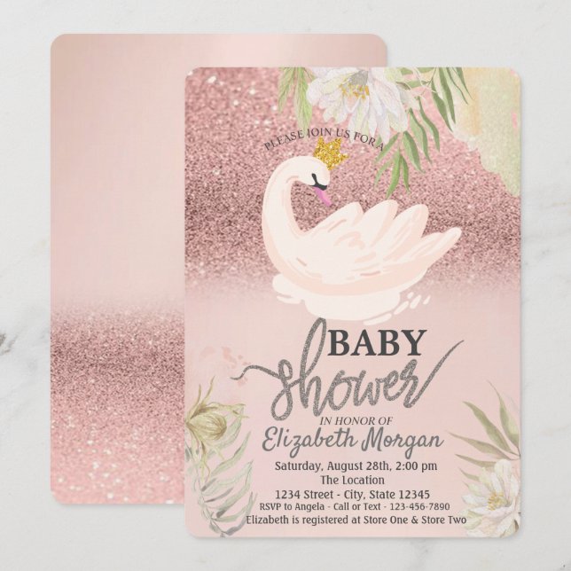 Convite Bokeh em Rose Gold, Flores Boho Cisne Baby Shower  (Frente/Verso)