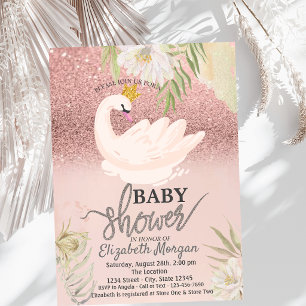 Convite Bokeh em Rose Gold, Flores Boho Cisne Baby Shower