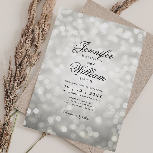 Convite Bokeh Ilumina Prata Romântica (Elegant Wedding Bokeh Lights Romantic Silver Invitation)