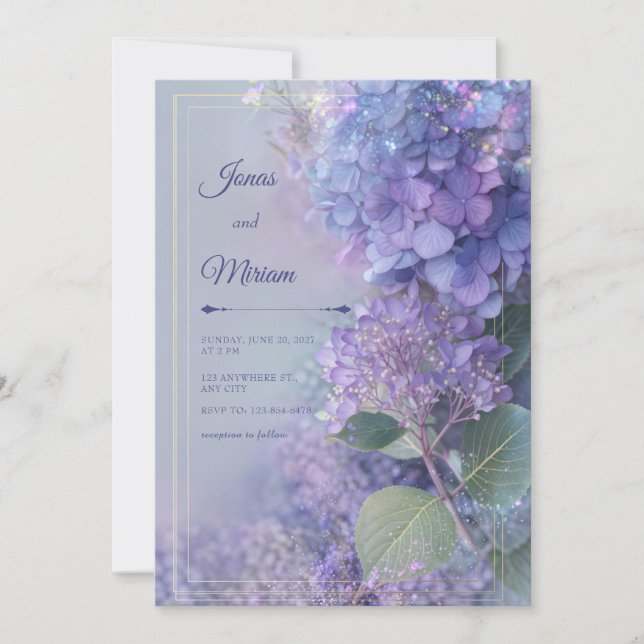 Convite Bokeh Lavender Hydrangea Ethereal Gold Frame (Frente)