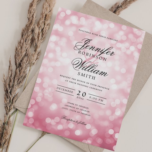 Convite Bokeh Luzes românticas De Casamento Elegante Rosa (Elegant Wedding Bokeh Lights Romantic Blush Pink Invitation)