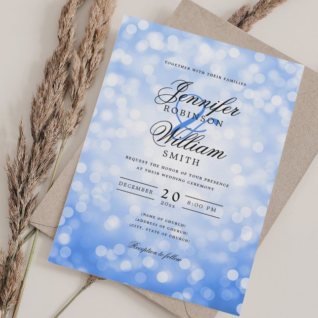 Convite Bokeh Luzes românticas Marinho azul (Elegant Wedding Bokeh Lights Romantic Navy Blue Invitation)