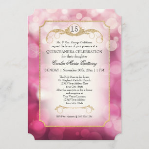 Convite Bokeh Moderno Brilho Rosa Brilho Quinceanera