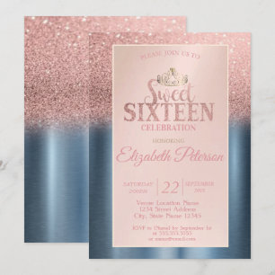 Convite Bokeh Ombre Dourado Rosa, Festa Sweet 16 Azul Tiar