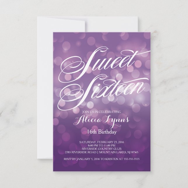 Convite Bokeh roxo na moda ilumina o partido do doce (Frente)
