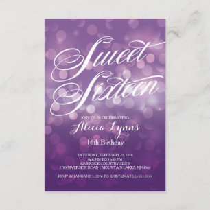 Convite Bokeh roxo na moda ilumina o partido do doce