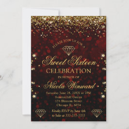 Convite Bokeh Vermelho Escuro & Brilho Dourado Sweet 16