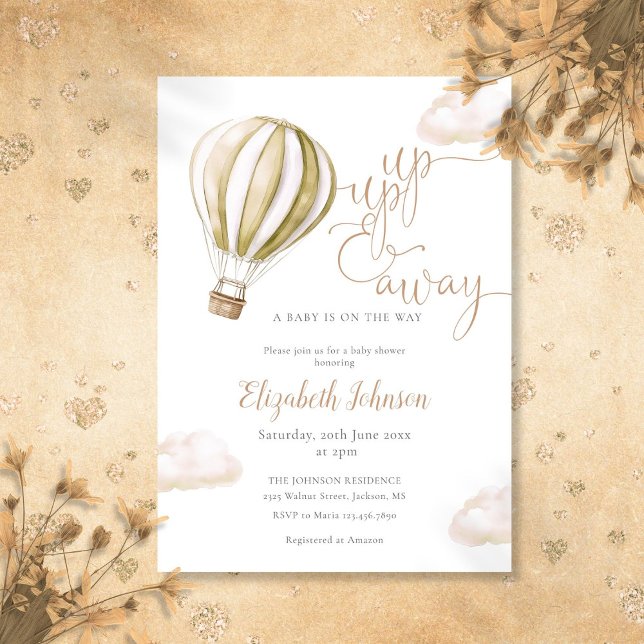Convite Bola de Ar Quente Up And Away Chuveirinho Neutro (Up And Away Hot Air Balloon Neutral Baby Shower Invitation)